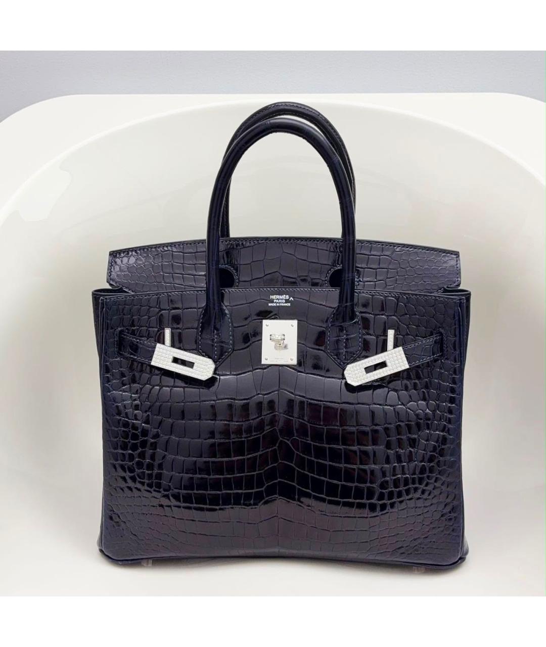 HERMES Синяя сумка с короткими ручками из кожи крокодила, фото 3