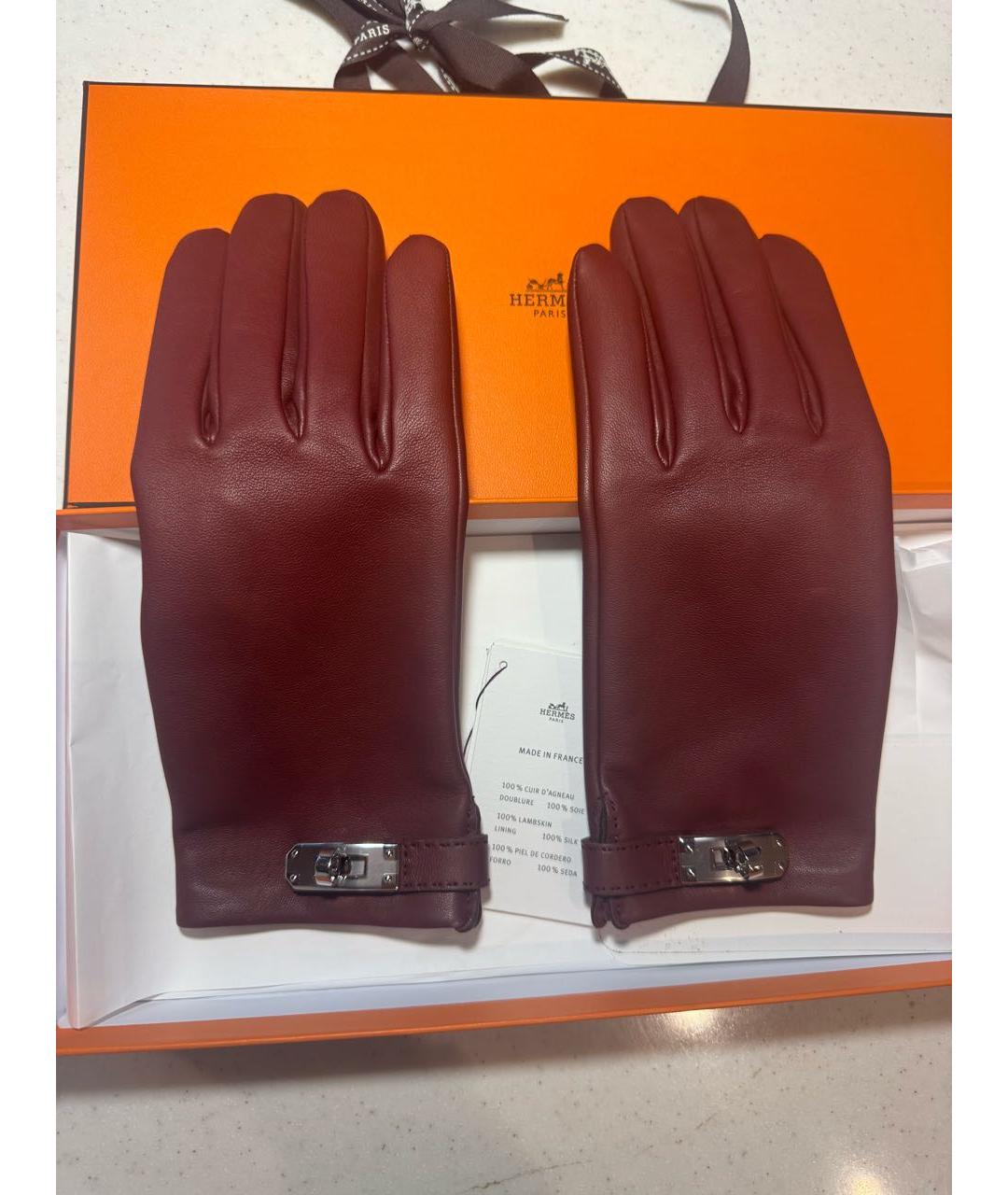 HERMES Бордовые кожаные перчатки, фото 8