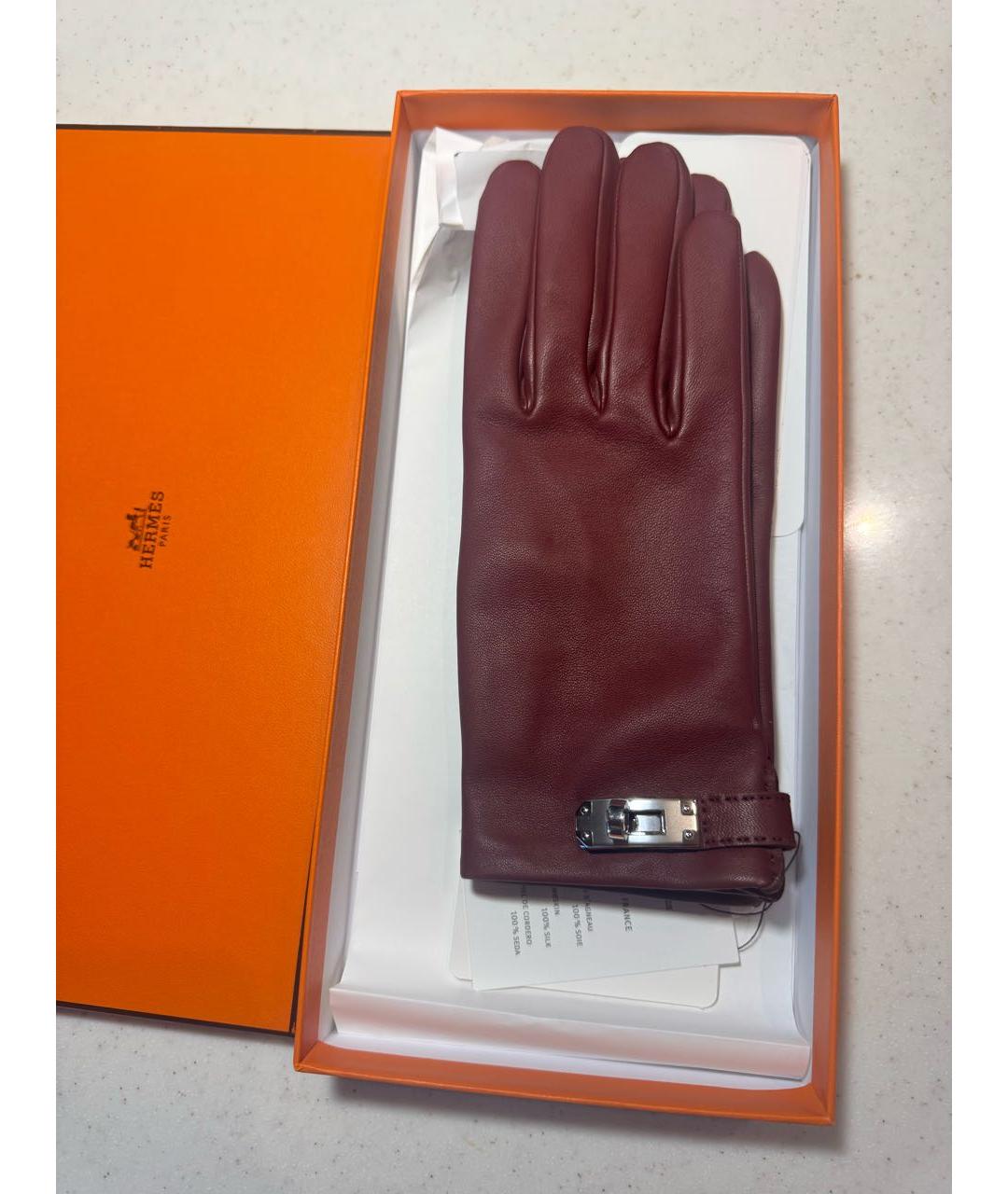 HERMES Бордовые кожаные перчатки, фото 4