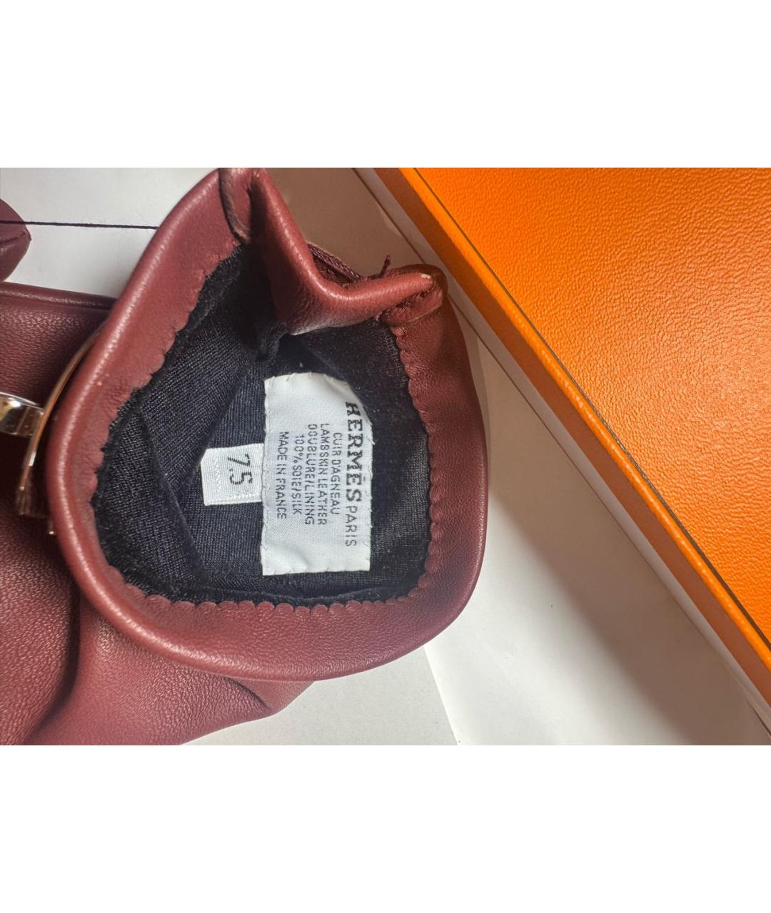 HERMES Бордовые кожаные перчатки, фото 5