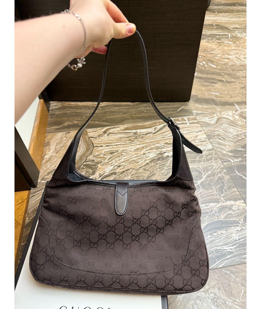 GUCCI Коричневая тканевая сумка с короткими ручками, фото 3