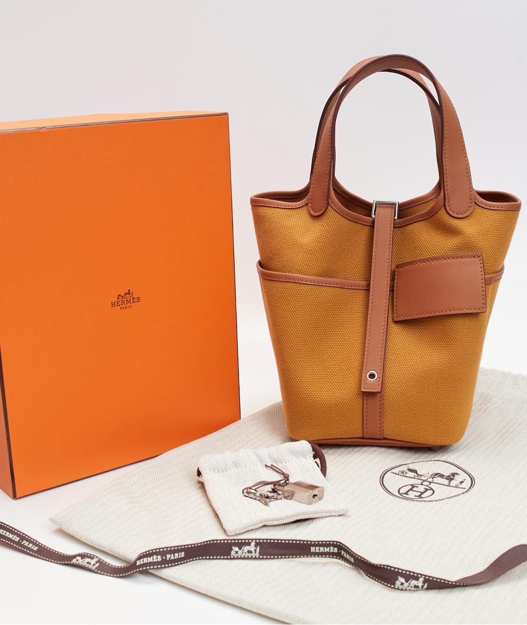 HERMES Горчичная тканевая сумка с короткими ручками, фото 7
