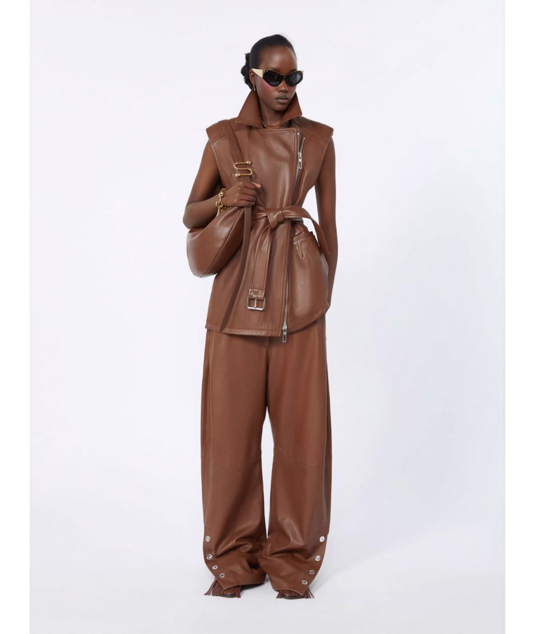 SPORTMAX Коричневые кожаные брюки широкие, фото 2
