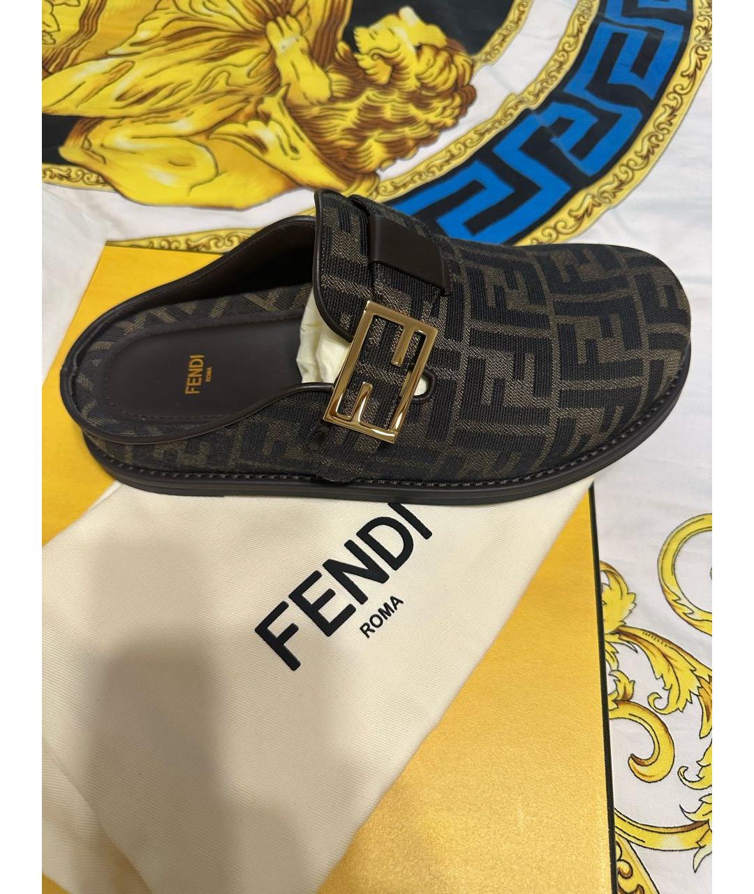 FENDI Коричневые текстильные мюли, фото 6