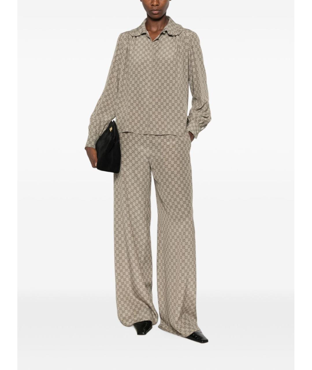 GUCCI Бежевые шелковые прямые брюки, фото 2