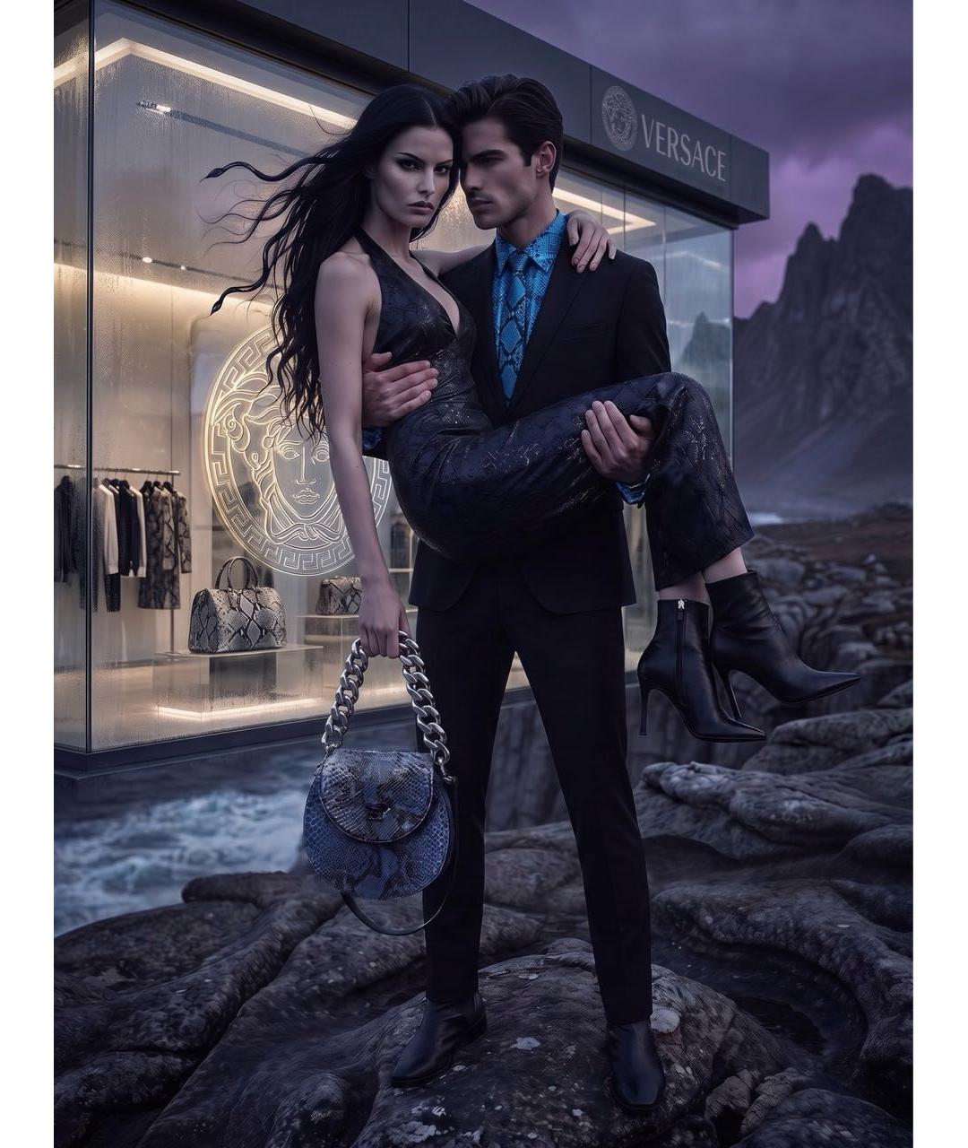 VERSACE Темно-синяя кожаная сумка с короткими ручками, фото 7