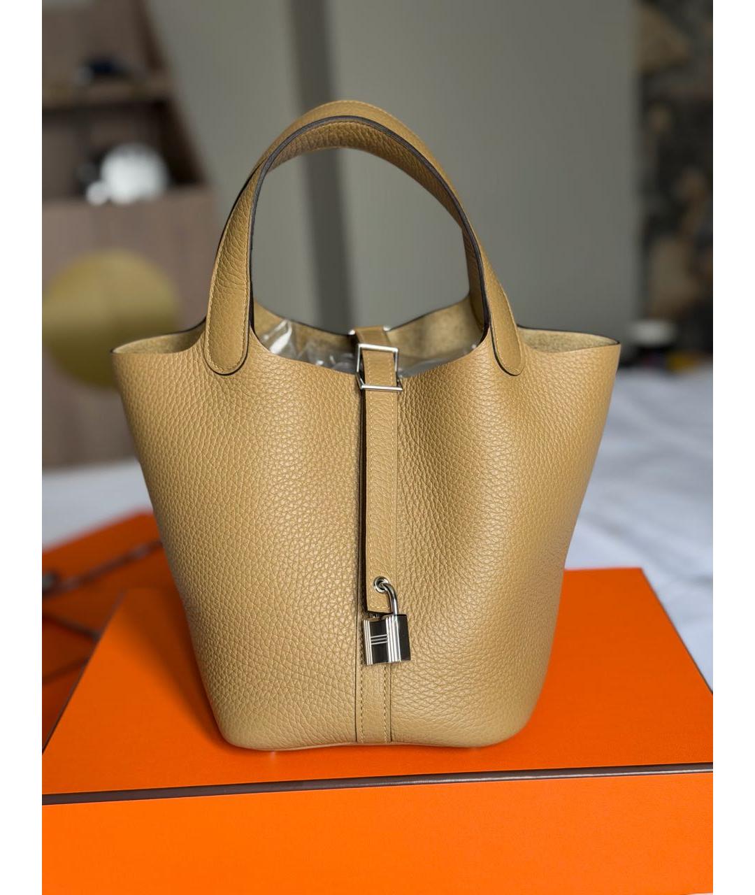 HERMES Горчичная кожаная сумка с короткими ручками, фото 4