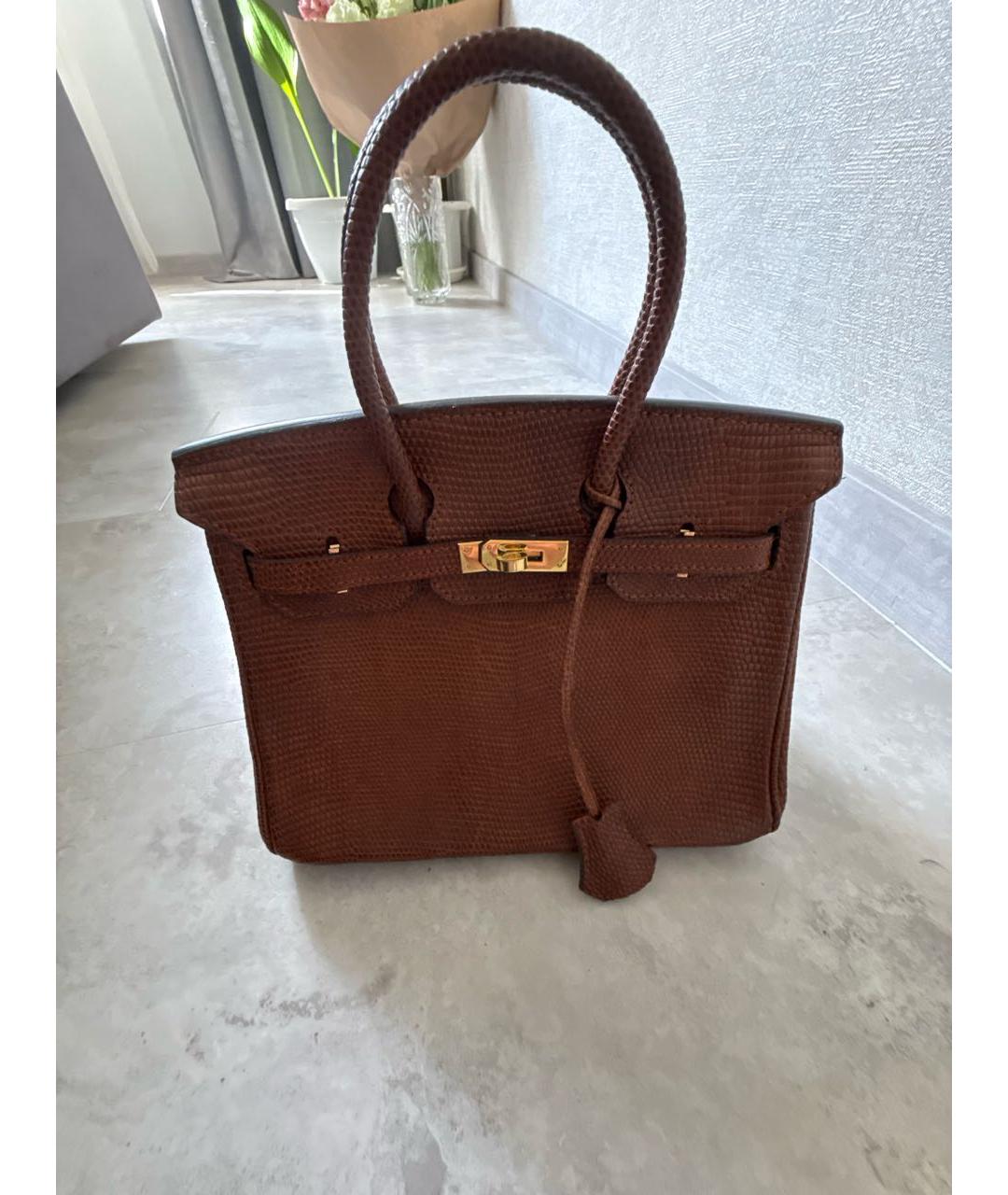 HERMES Коричневая сумка с короткими ручками из кожи ящерицы, фото 9