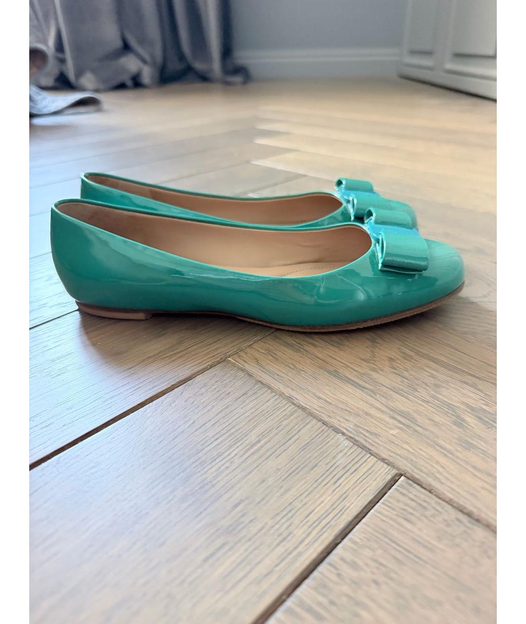 FERRAGAMO Бирюзовые кожаные балетки, фото 6