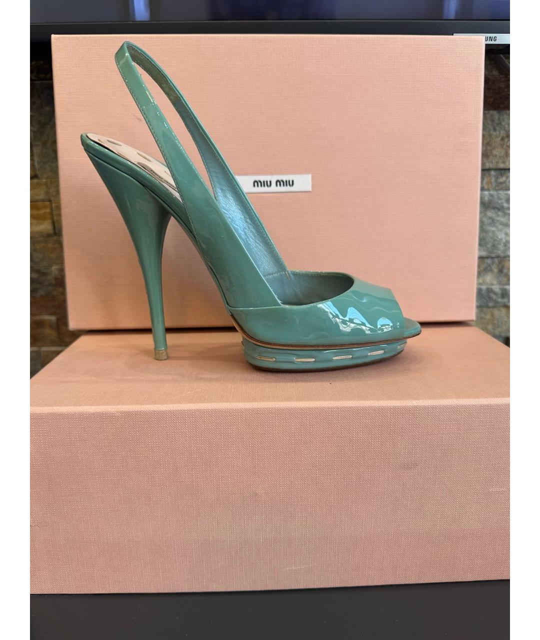 MIU MIU Бирюзовые босоножки из лакированной кожи, фото 7