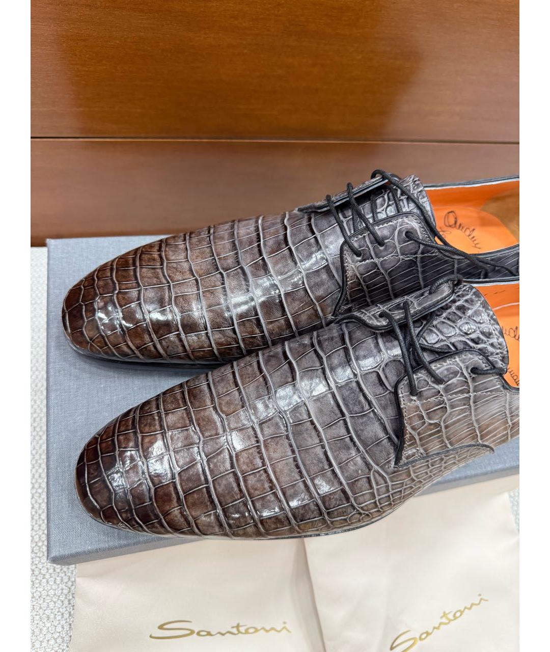 SANTONI Антрацитовые туфли из кожи крокодила, фото 5