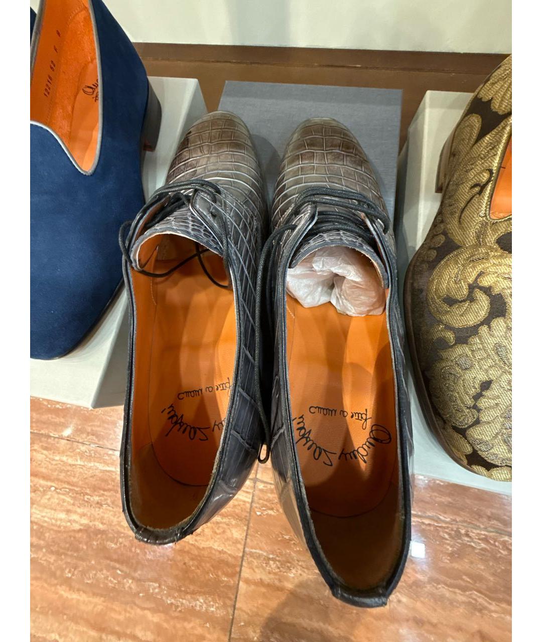 SANTONI Антрацитовые туфли из кожи крокодила, фото 3