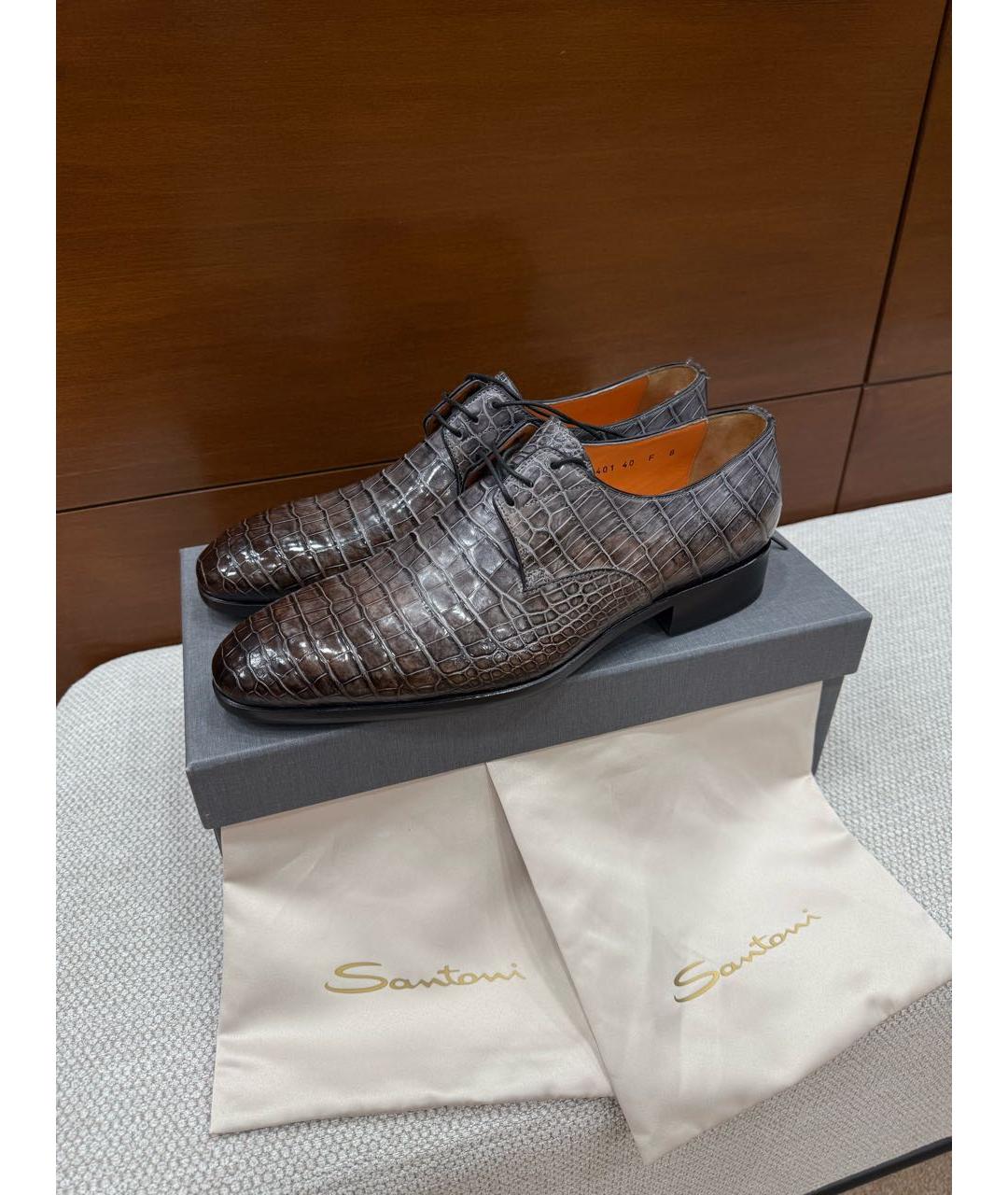 SANTONI Антрацитовые туфли из кожи крокодила, фото 8