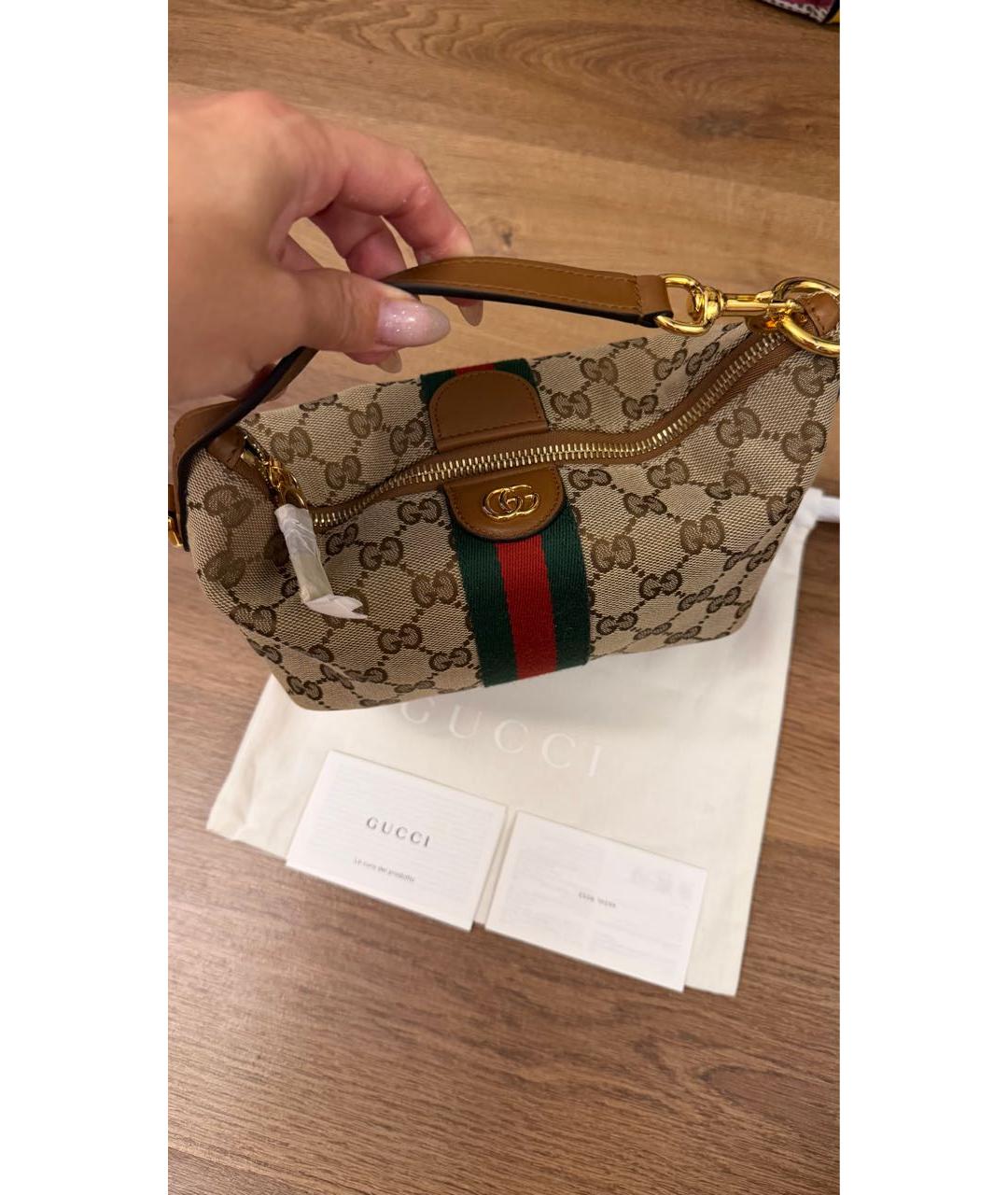 GUCCI Бежевая сумка с короткими ручками из канвы, фото 5