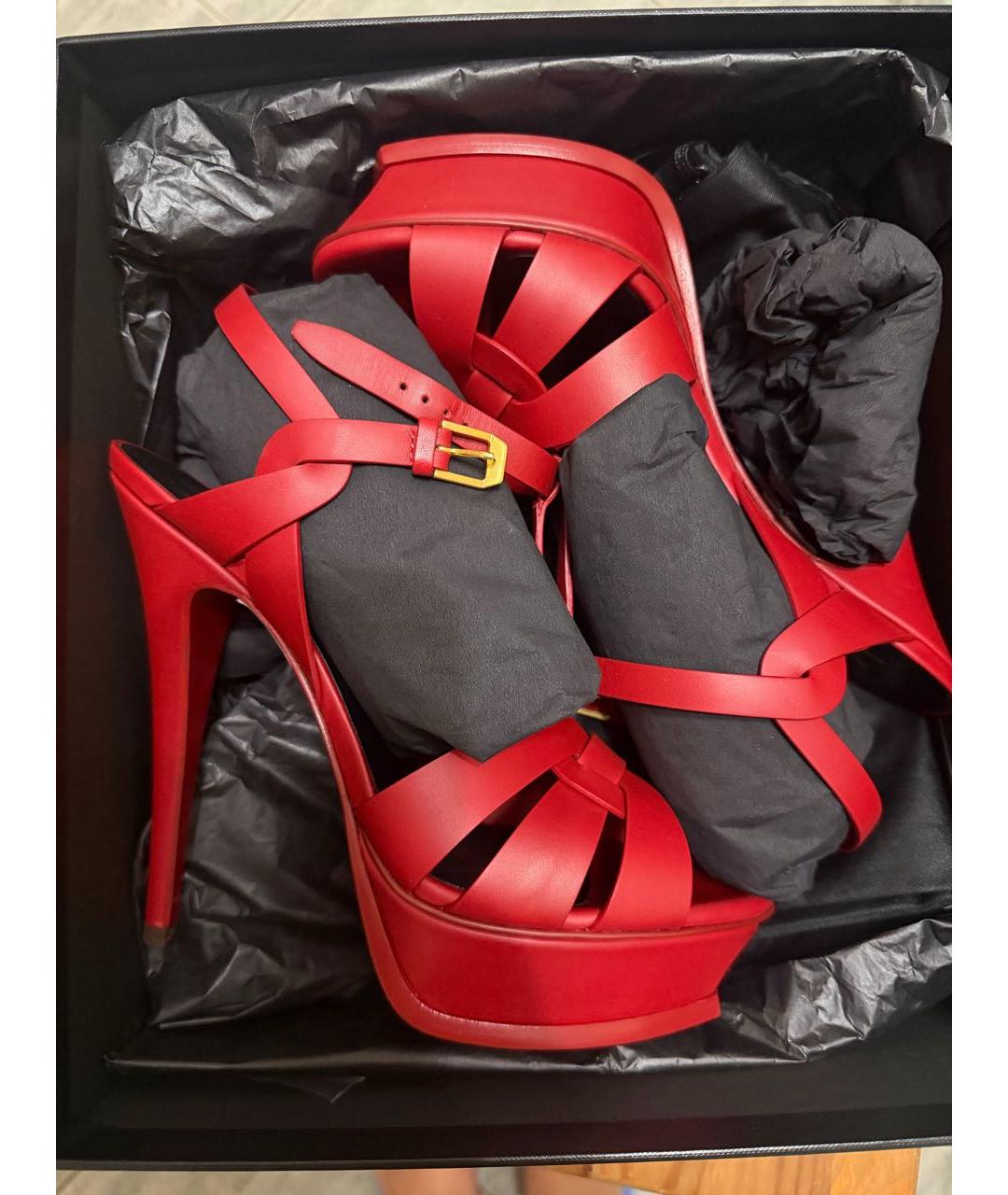 SAINT LAURENT Бордовые кожаные босоножки, фото 5