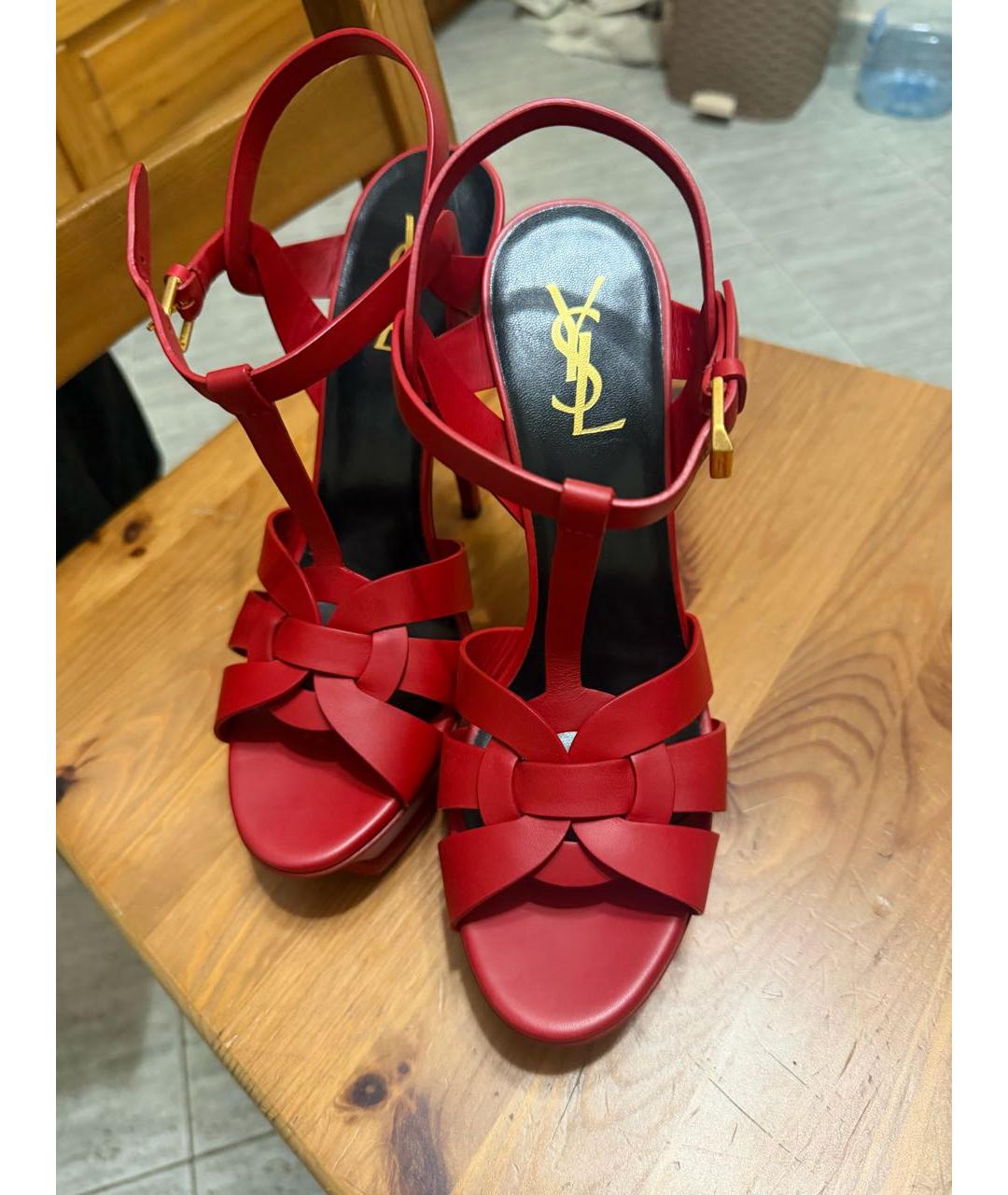 SAINT LAURENT Бордовые кожаные босоножки, фото 2