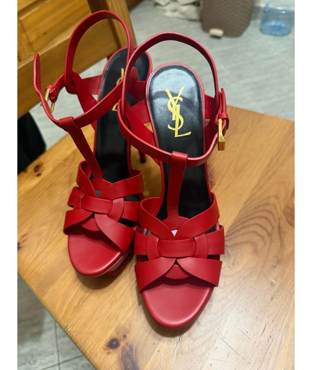SAINT LAURENT Бордовые кожаные босоножки, фото 4