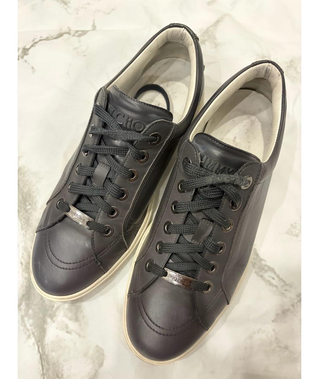 JIMMY CHOO Антрацитовые кожаные низкие кроссовки / кеды, фото 2