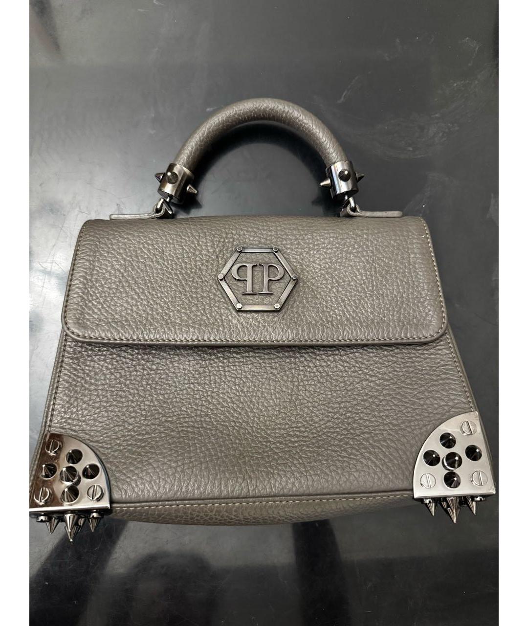 PHILIPP PLEIN Антрацитовая кожаная сумка с короткими ручками, фото 9