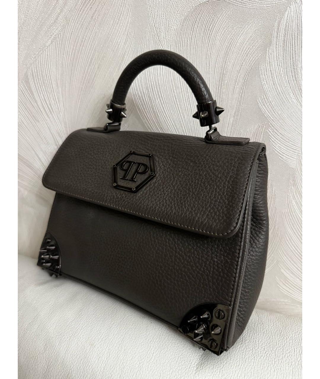 PHILIPP PLEIN Антрацитовая кожаная сумка с короткими ручками, фото 2
