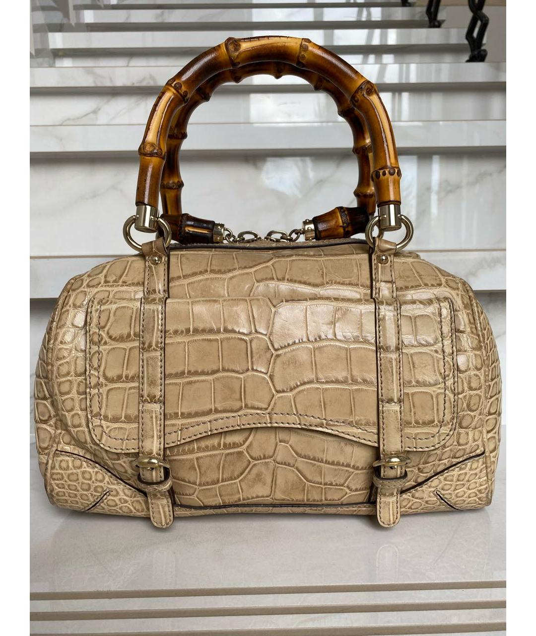 GUCCI Бежевая сумка с короткими ручками из кожи аллигатора, фото 9