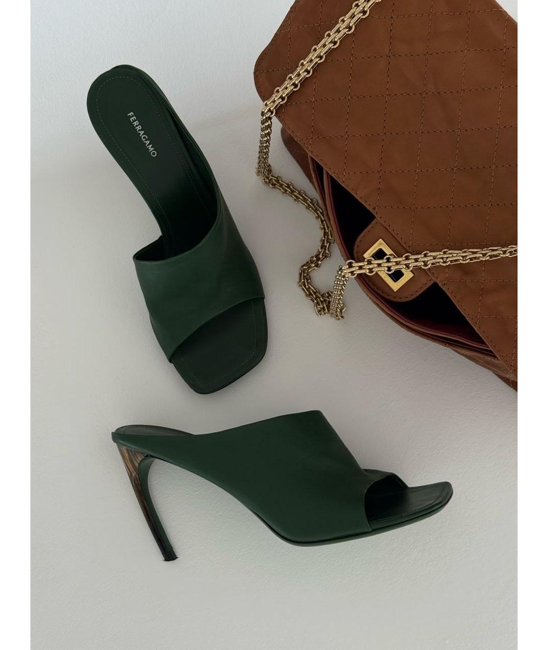 FERRAGAMO Зеленые кожаные мюли, фото 4