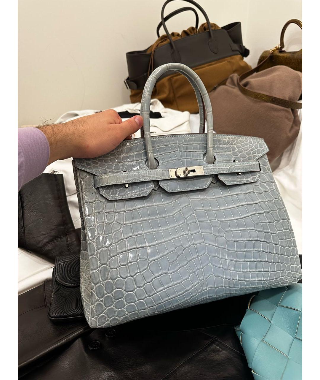 HERMES Голубая сумка с короткими ручками из кожи крокодила, фото 2