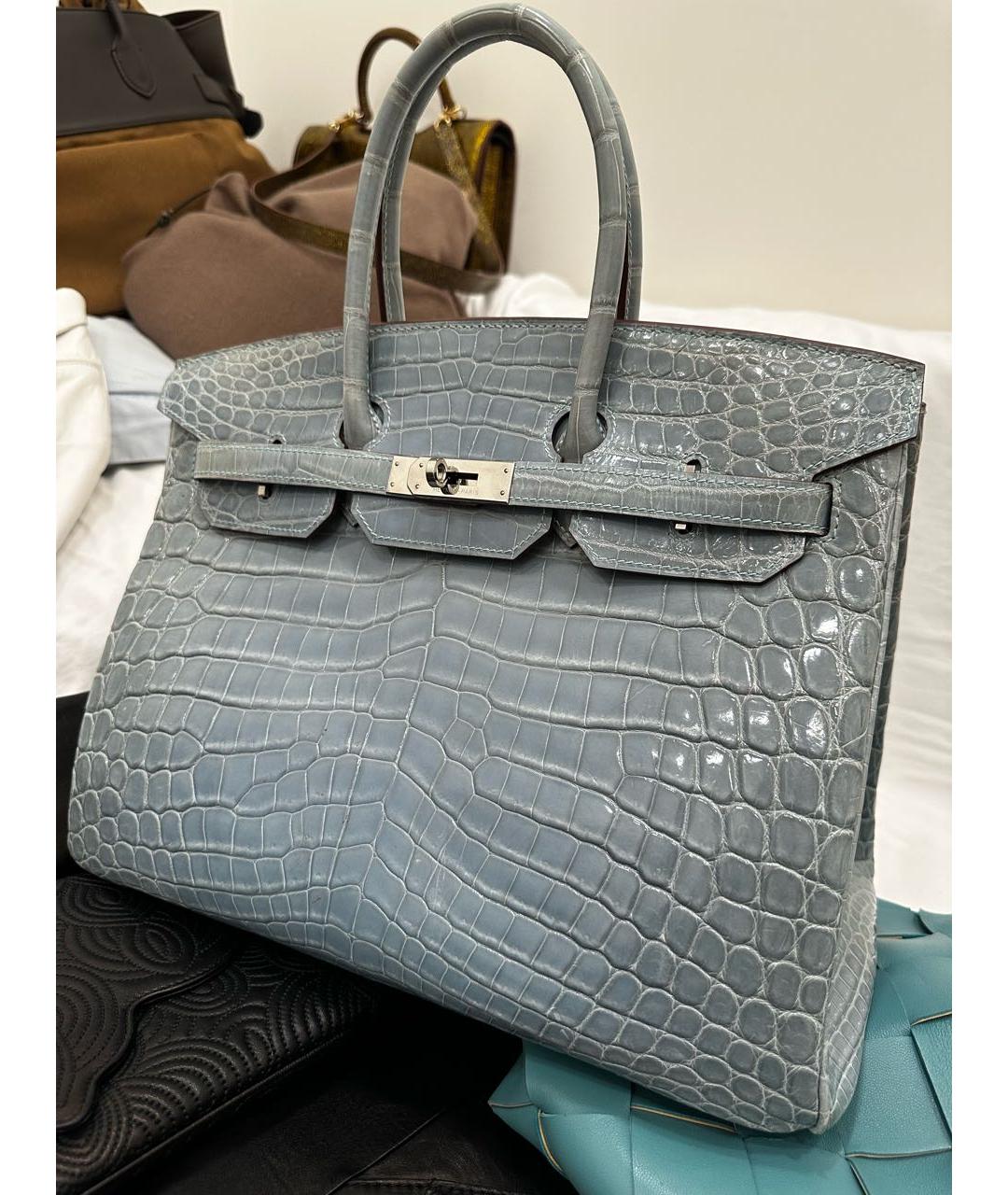 HERMES Голубая сумка с короткими ручками из кожи крокодила, фото 5