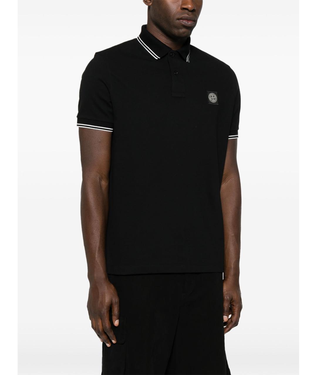 STONE ISLAND Черное хлопковое поло с коротким рукавом, фото 3