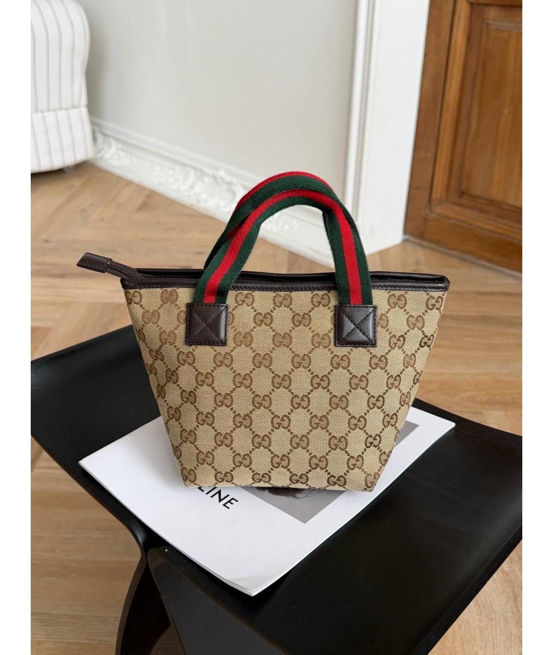 GUCCI Бежевая сумка с короткими ручками из канвы, фото 6