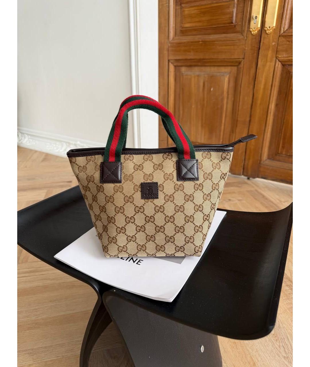 GUCCI Бежевая сумка с короткими ручками из канвы, фото 9