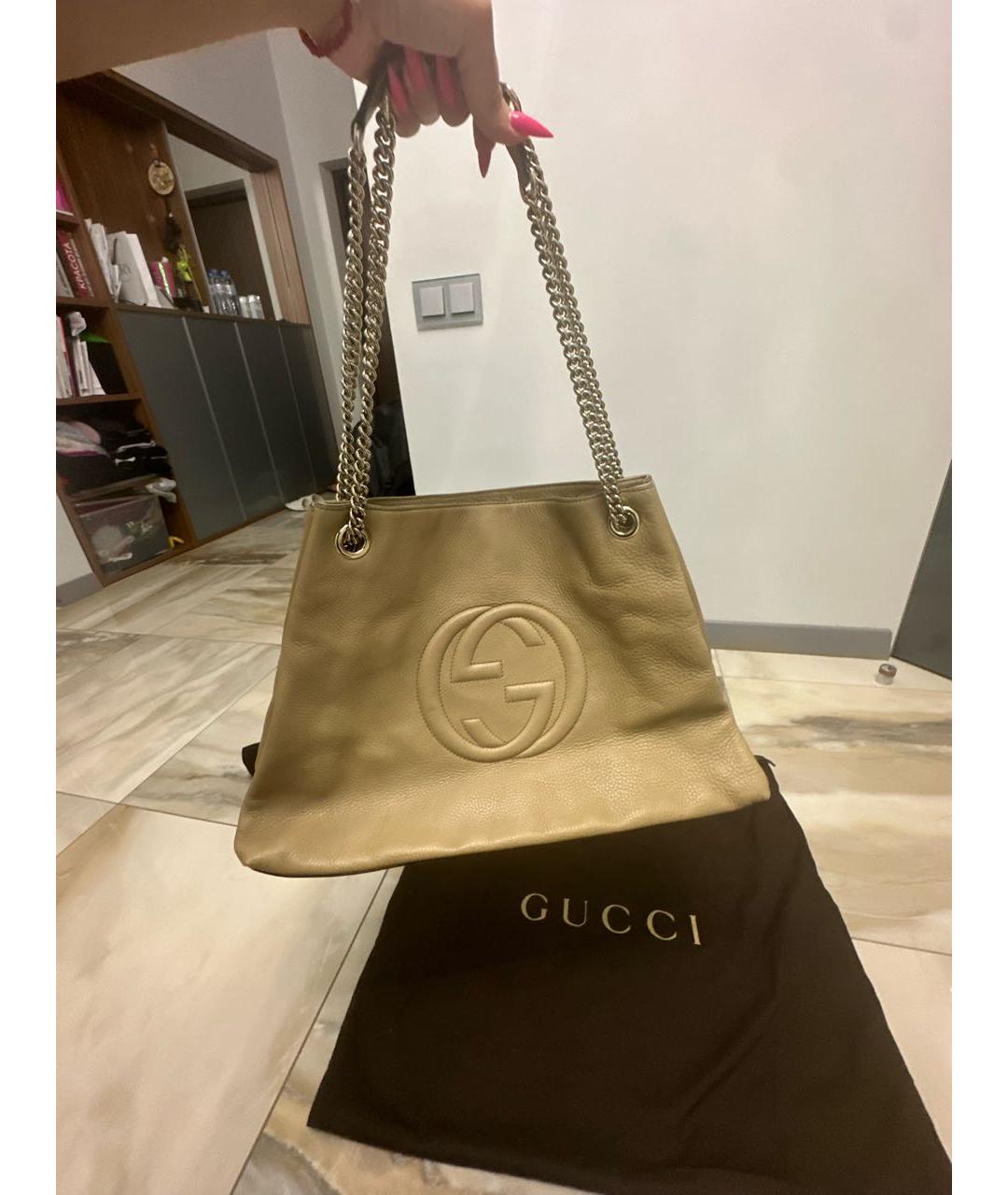 GUCCI Бежевая кожаная сумка тоут, фото 7