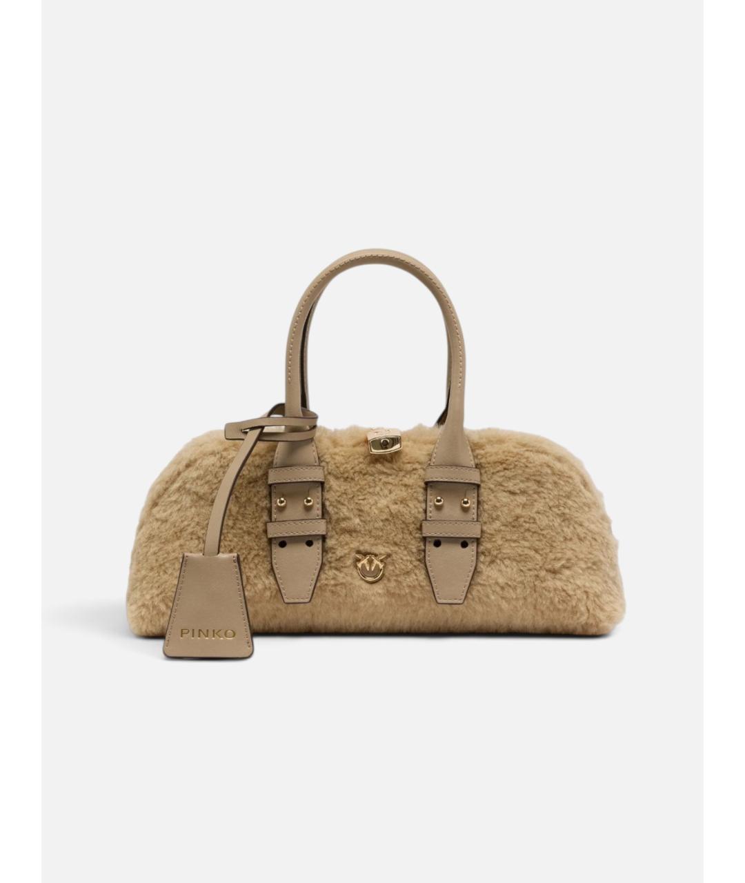 PINKO Бежевая синтетическая сумка с короткими ручками, фото 6