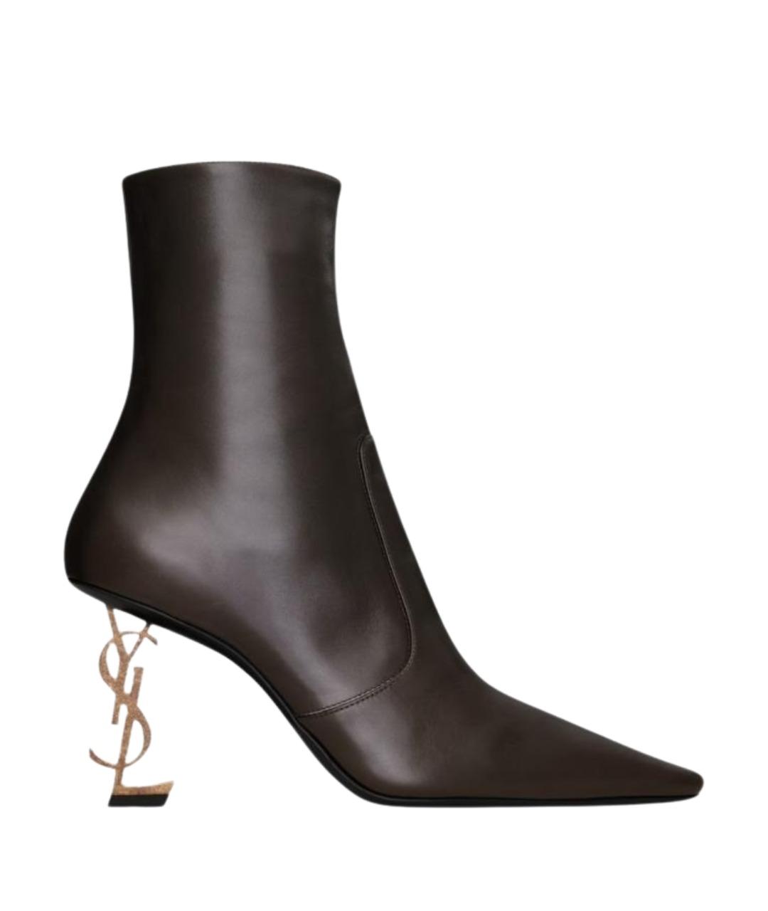 SAINT LAURENT Коричневые кожаные ботильоны, фото 1