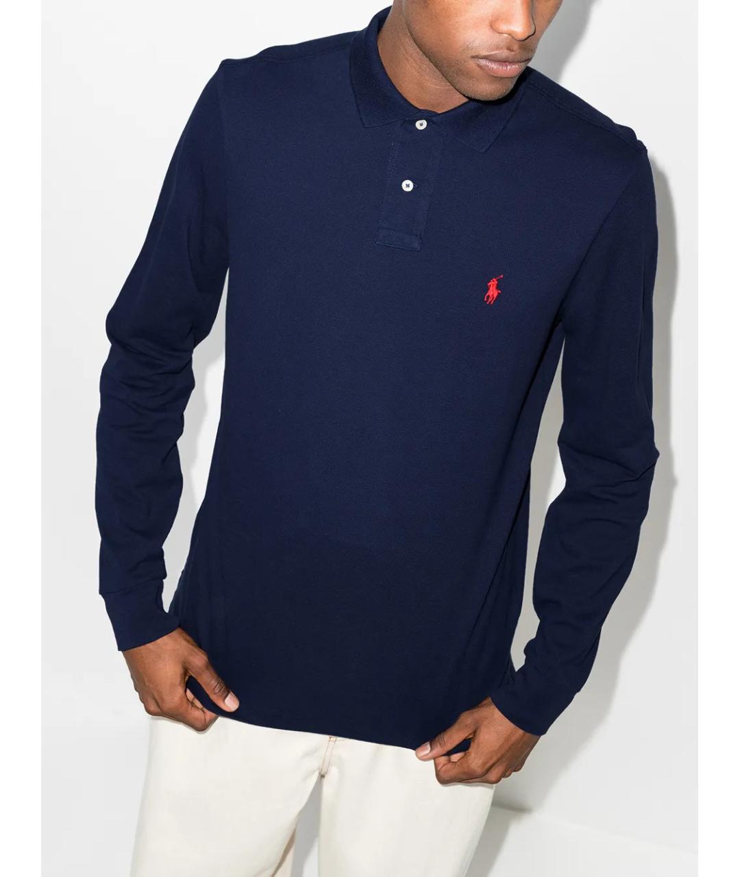 POLO RALPH LAUREN Синее хлопковое поло с длинным рукавом, фото 2