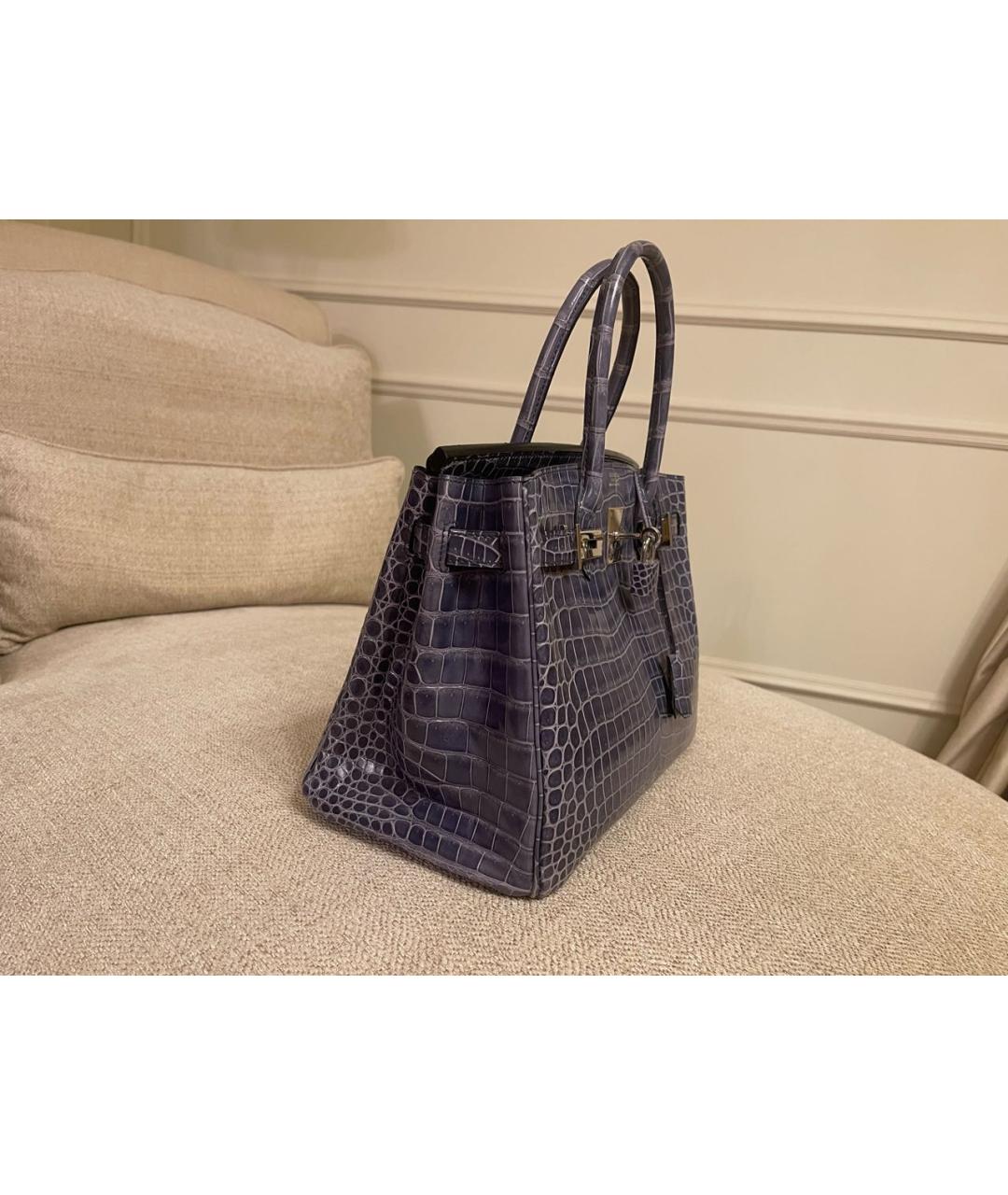 HERMES Синяя сумка с короткими ручками из кожи крокодила, фото 3