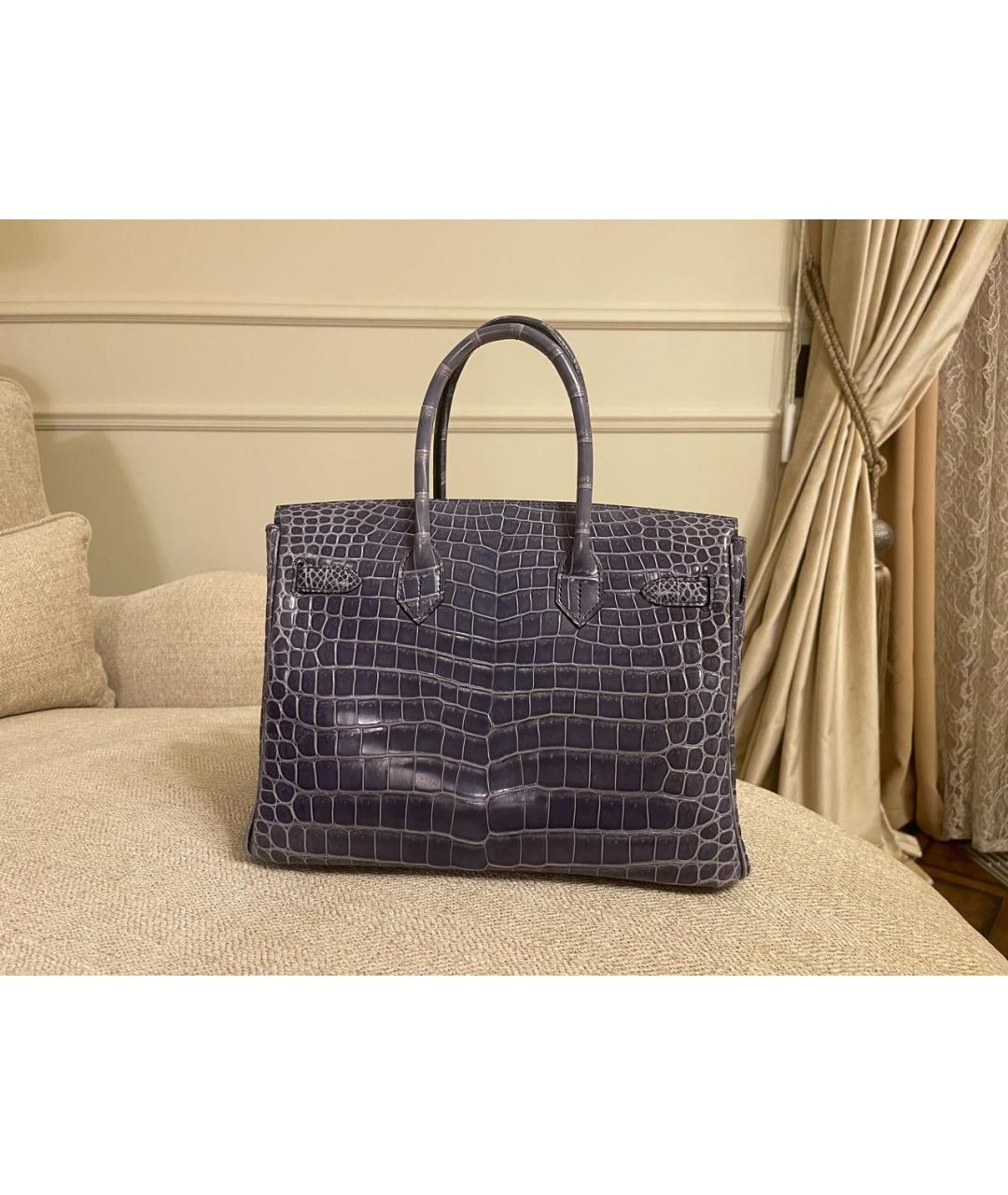 HERMES Синяя сумка с короткими ручками из кожи крокодила, фото 2