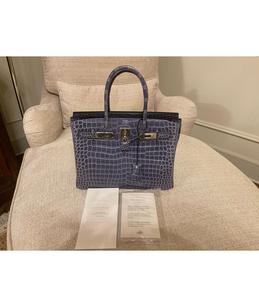 HERMES Синяя сумка с короткими ручками из кожи крокодила, фото 5
