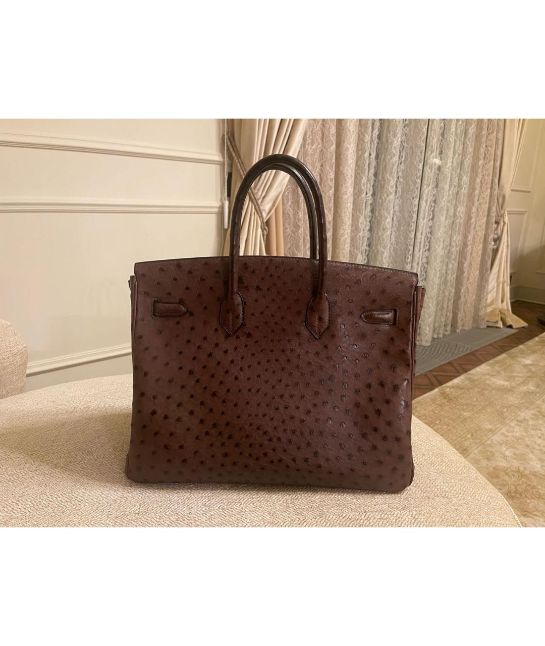 HERMES Коричневая сумка с короткими ручками из кожи страуса, фото 2
