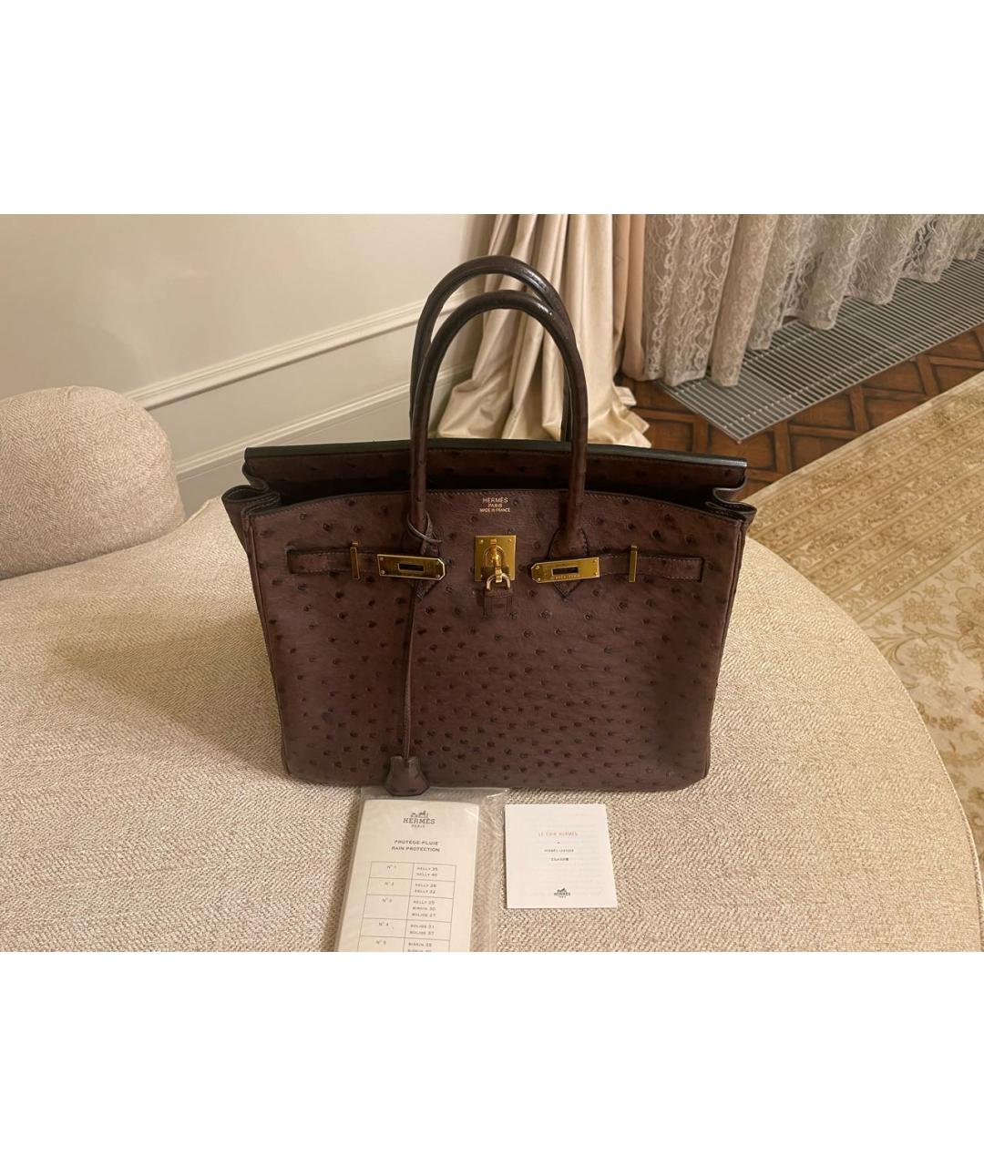 HERMES Коричневая сумка с короткими ручками из кожи страуса, фото 5