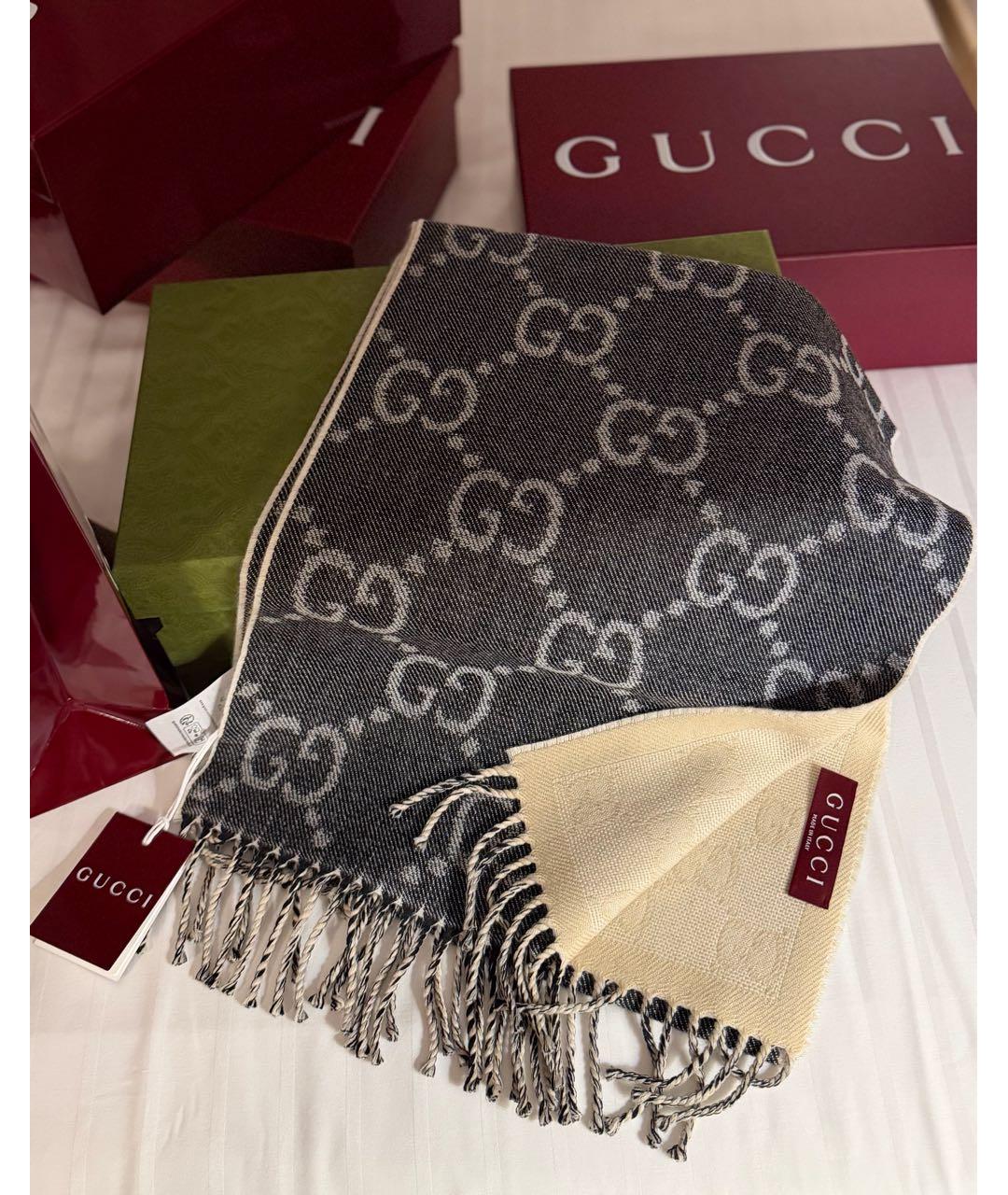 GUCCI Серый шерстяной шарф, фото 3