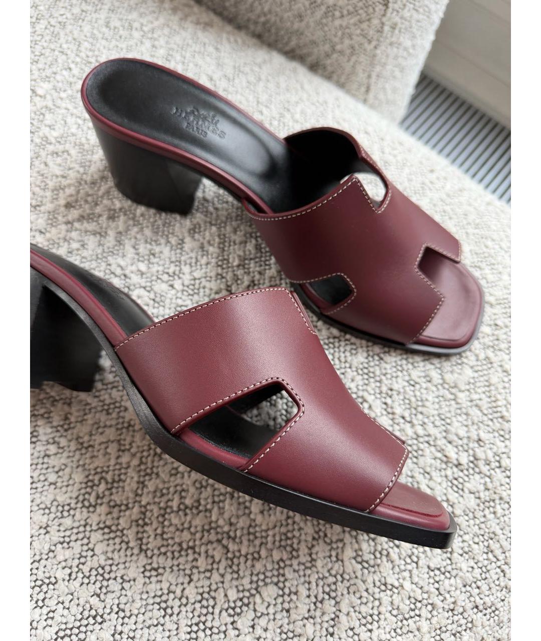 HERMES Бордовые кожаные сабо, фото 5