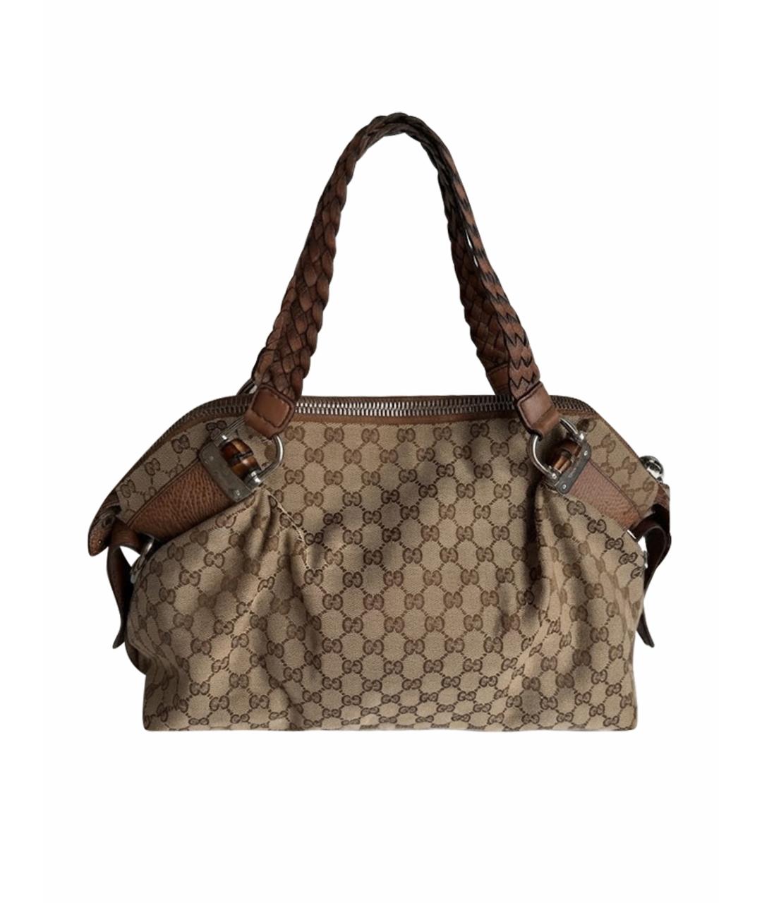GUCCI Коричневая тканевая сумка с короткими ручками, фото 1