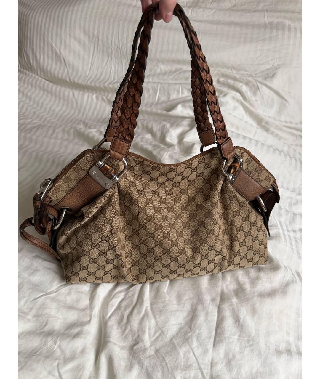 GUCCI Коричневая тканевая сумка с короткими ручками, фото 2