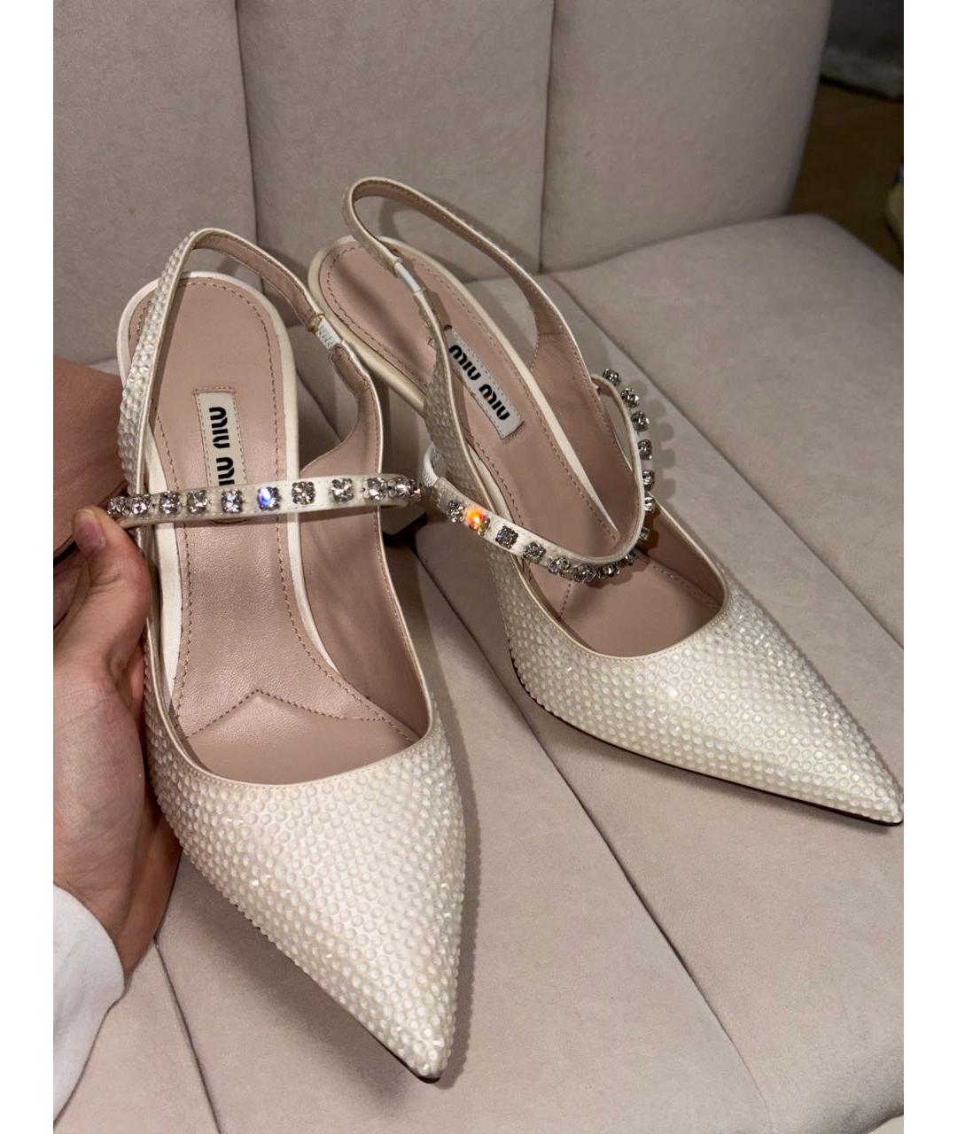 MIU MIU Белые кожаные свадебные туфли на высоком каблуке, фото 5
