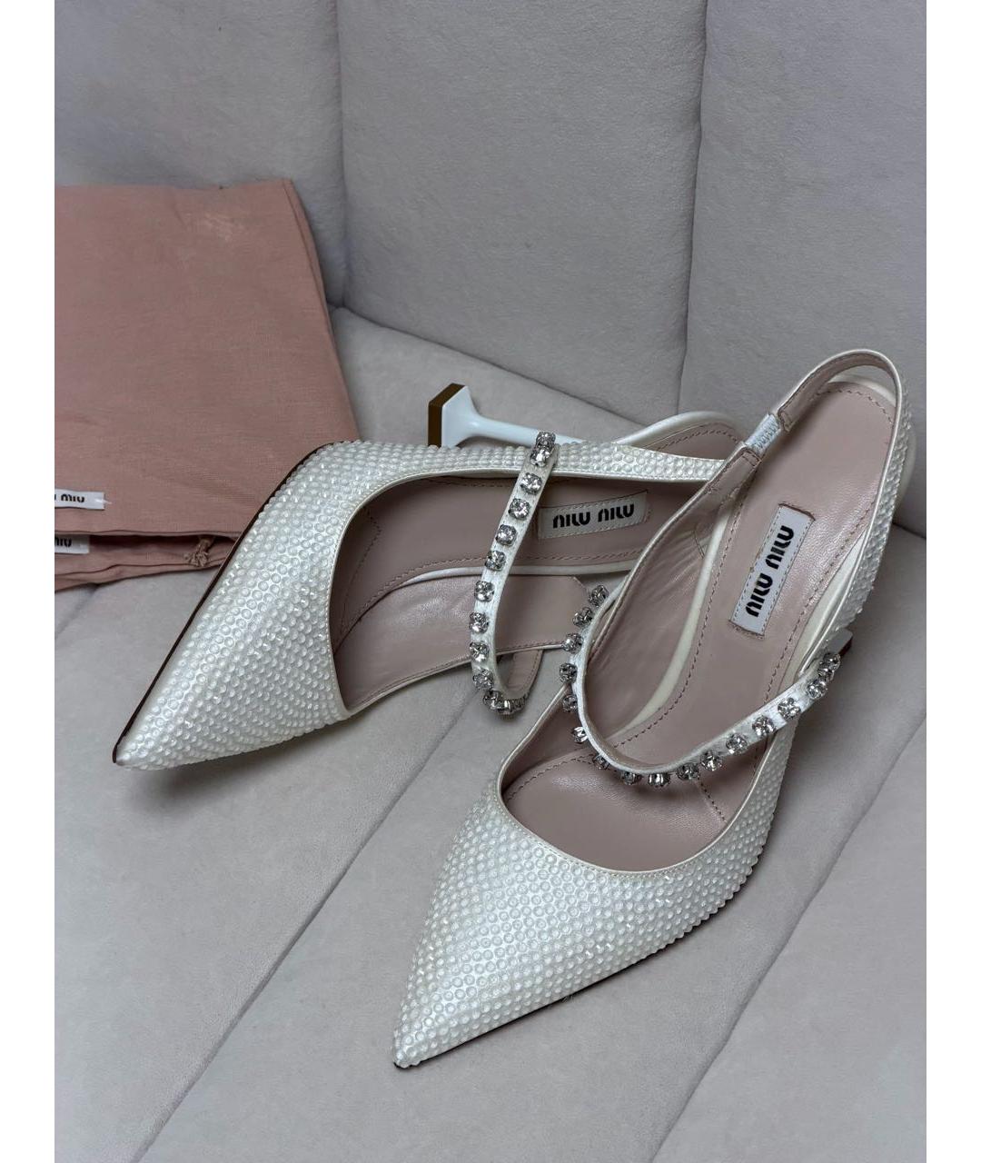 MIU MIU Белые кожаные свадебные туфли на высоком каблуке, фото 4