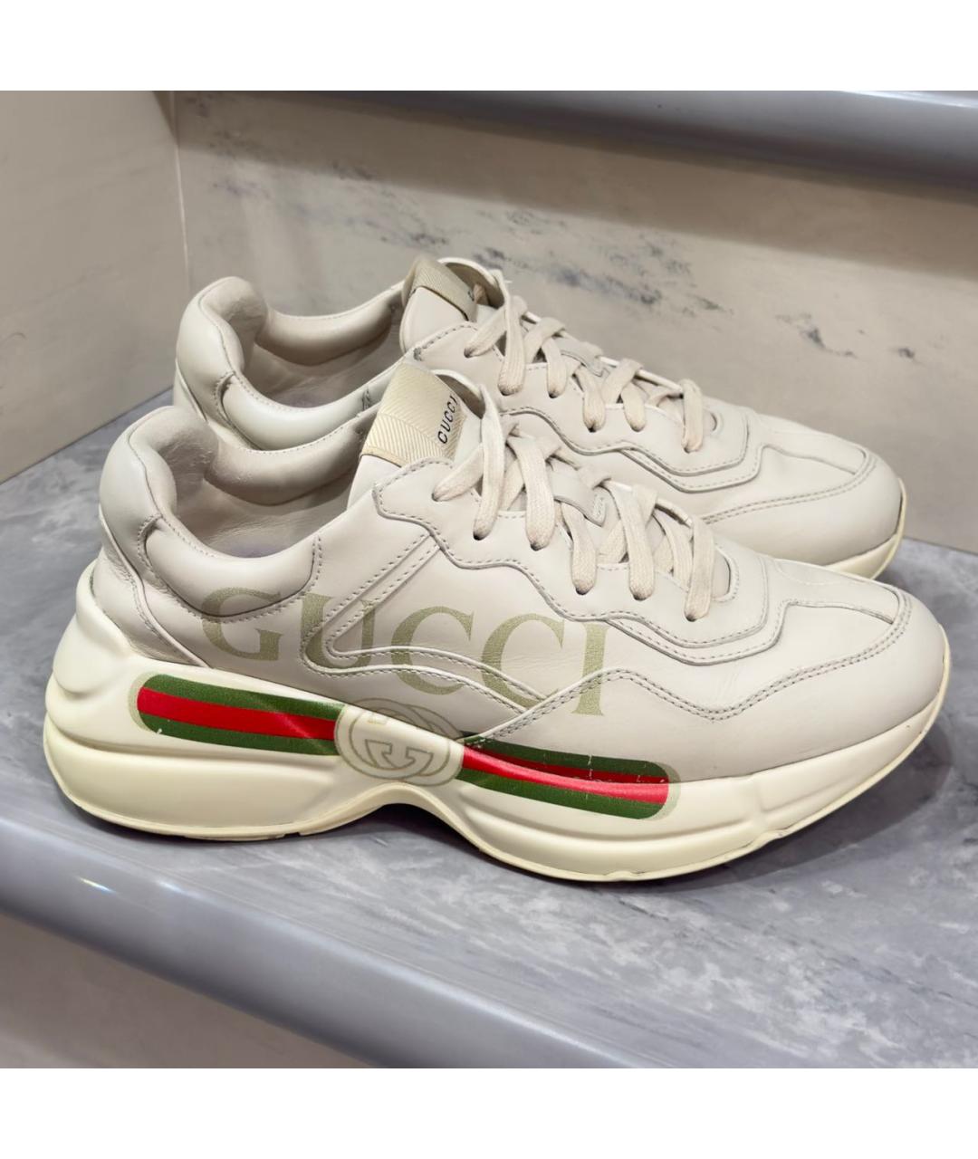 GUCCI Бежевые кожаные кроссовки, фото 2