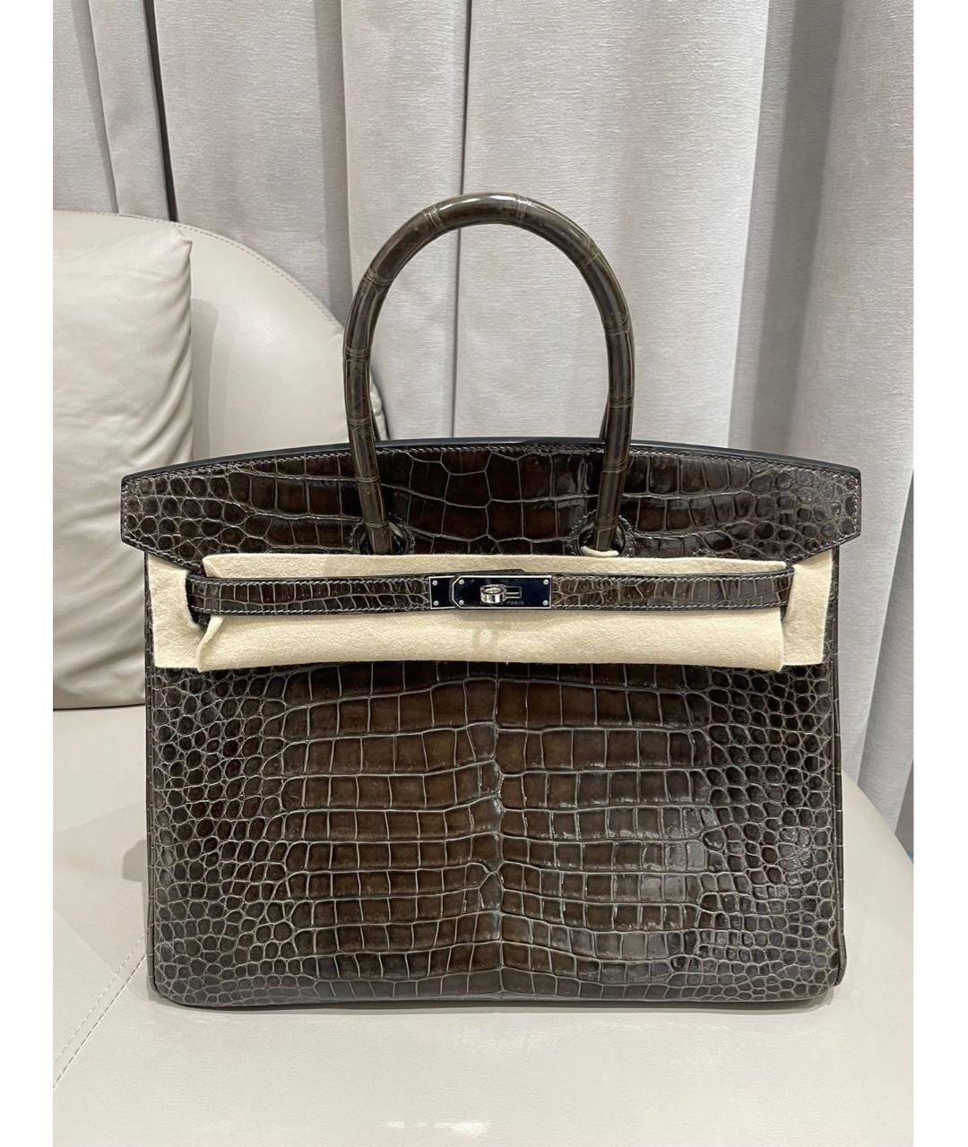 HERMES Серая сумка с короткими ручками из кожи крокодила, фото 6