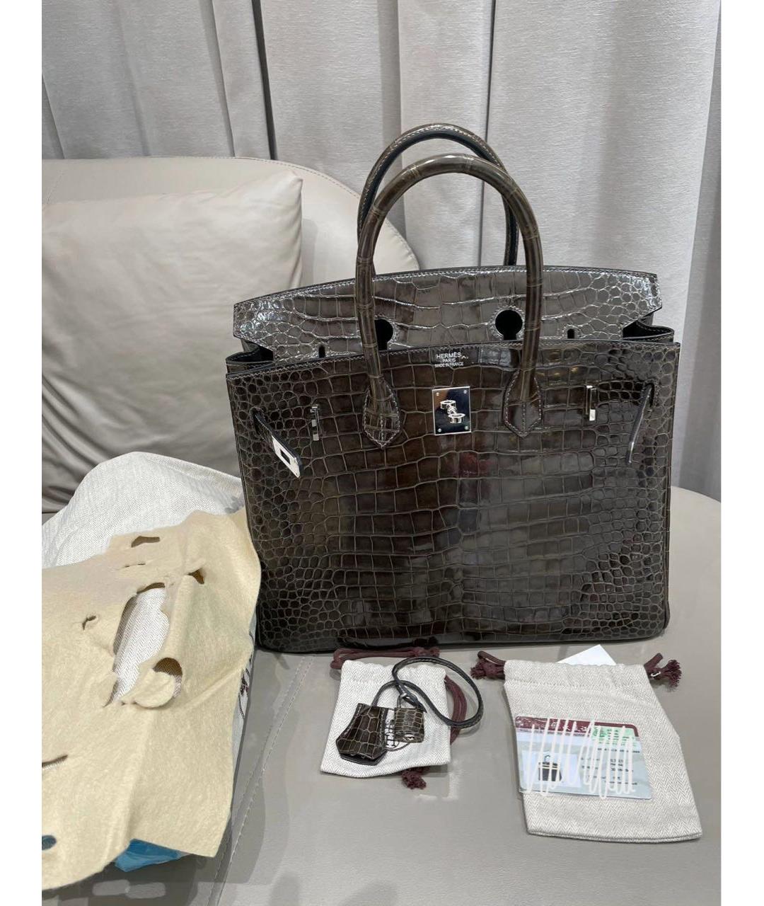 HERMES Серая сумка с короткими ручками из кожи крокодила, фото 7