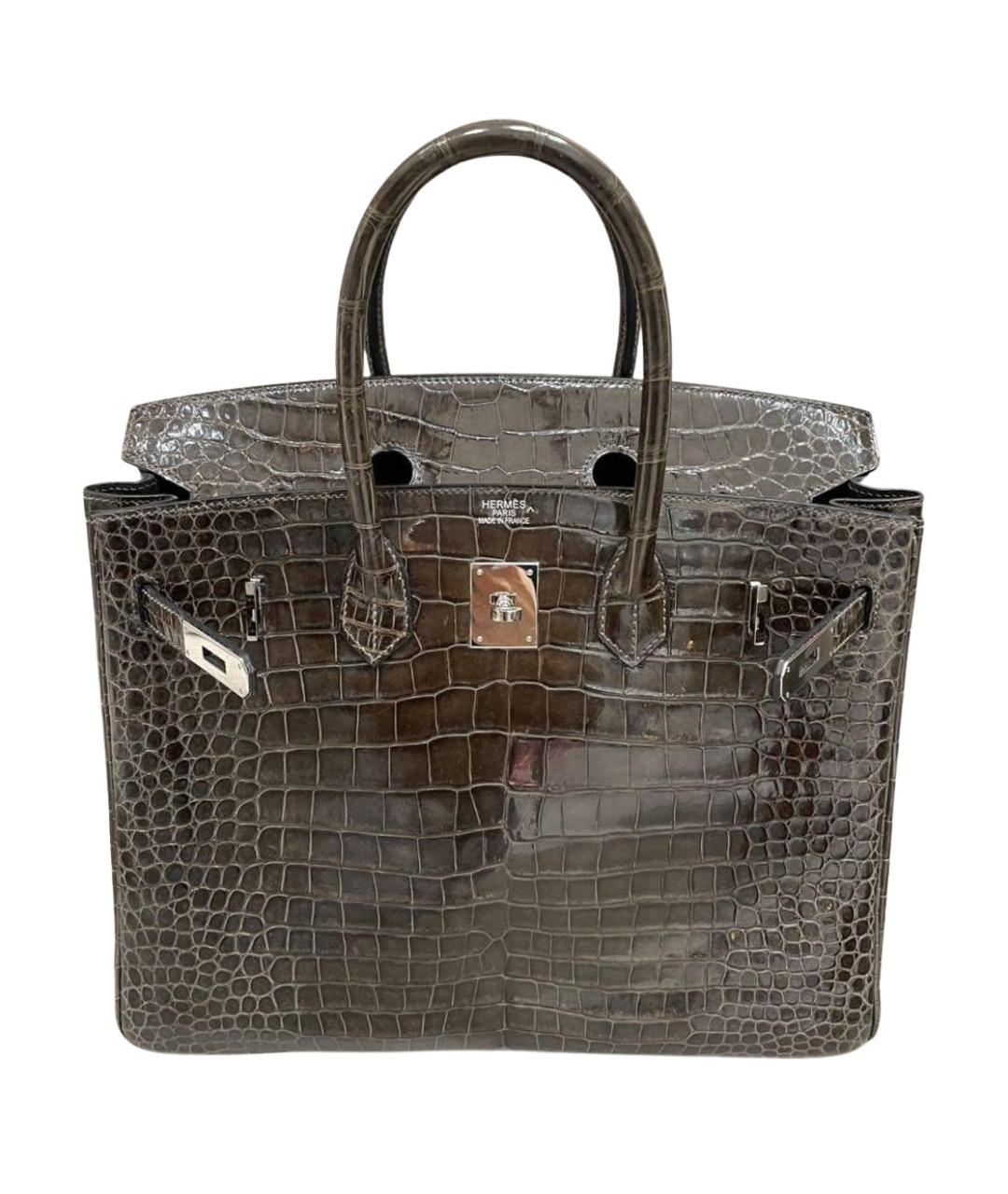 HERMES Серая сумка с короткими ручками из кожи крокодила, фото 1